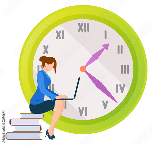 Female character worker vector, lady sitting on books publication looking at laptop screen. Clock with deadline, project management control of work