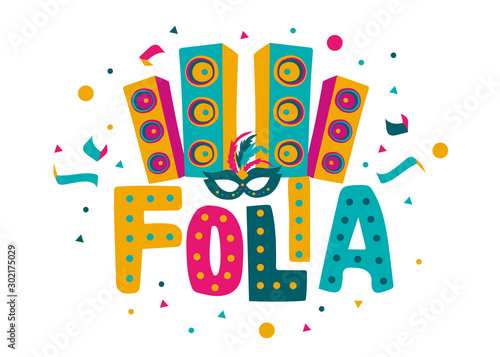 Carnival card or banner with typography design, confetti and hanging flag garlands.