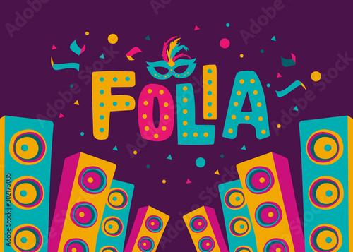 Carnival card or banner with typography design, confetti and hanging flag garlands.