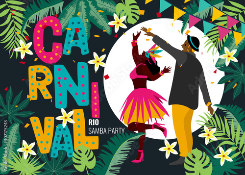 Carnival card or banner with typography design, confetti and hanging flag garlands.