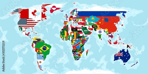 world map divided by countries and flags