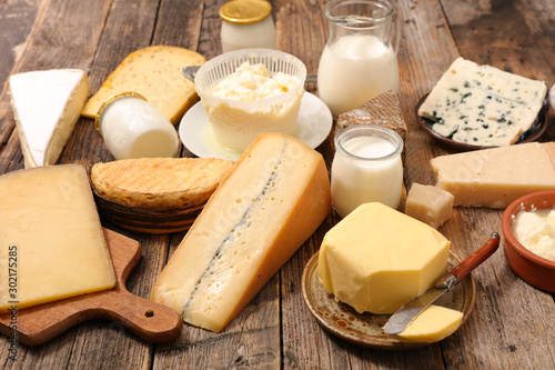 assorted of dairy product with cheese, milk, butter
