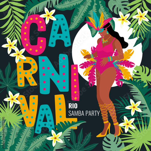 Carnival card or banner with typography design, confetti and hanging flag garlands.