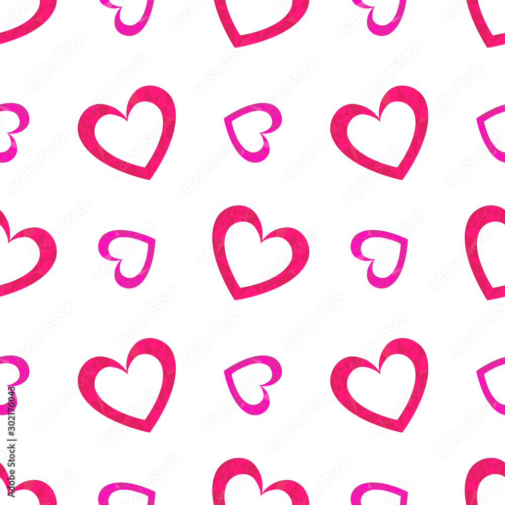Cute seamless pattern with pink polygonal hearts on the white background. Vector lovely ornament for cards, invitations, scrapbook, wrapping paper, packets Cute seamless pattern with pink polygonal hearts on the white background. Vector lovely ornament for cards, invitations, scrapbook, wrapping paper, packets