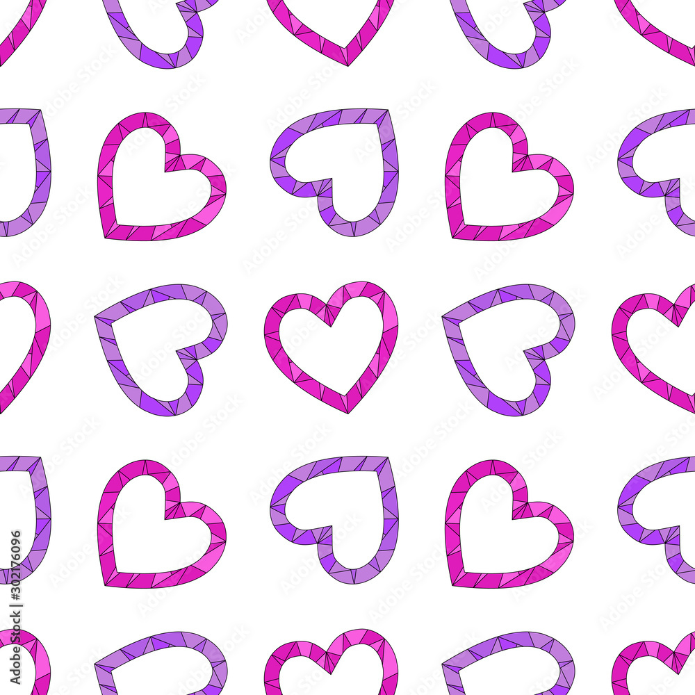 Lovely pattern with purple and pink polygonal hearts on the white background. Seamless ornament for cards, invitations, scrapbook, wrapping paper, packets. Vector illustration Lovely pattern with purple and pink polygonal hearts on the white background. Seamless ornament for cards, invitations, scrapbook, wrapping paper, packets. Vector illustration