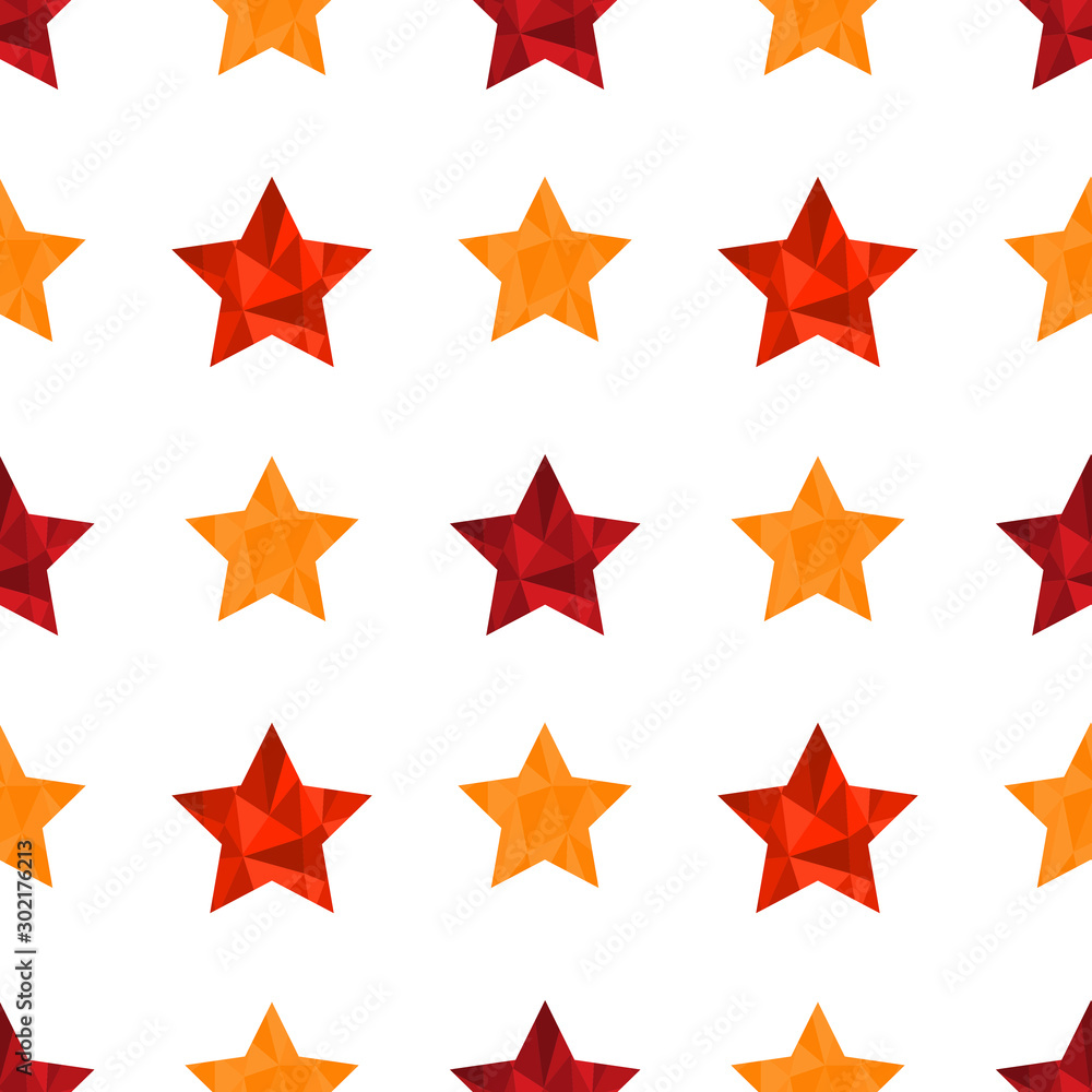 Trendy seamless pattern with red and orange polygonal stars. Creative vector ornament for cards, invitations, scrapbook, wrapping paper, packets, diapers, pajamas Trendy seamless pattern with red and orange polygonal stars. Creative vector ornament for cards, invitations, scrapbook, wrapping paper, packets, diapers, pajamas
