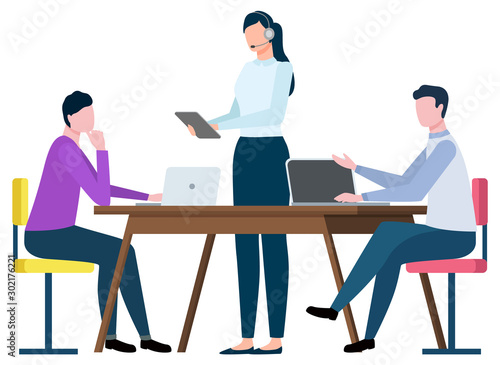 Office workers vector, flat style characters working on new projects. Teamwork, man and woman with headphones and tablet. Coders with computers sitting by wooden tables with gadgets business work