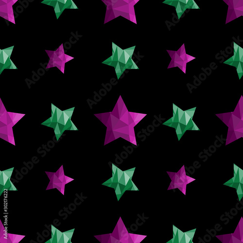 Trendy seamless pattern with purple and green polygonal stars on the black background. Ornament for cards, invitations, scrapbook, wrapping paper, packets, diapers, pajamas. Vector illustration
