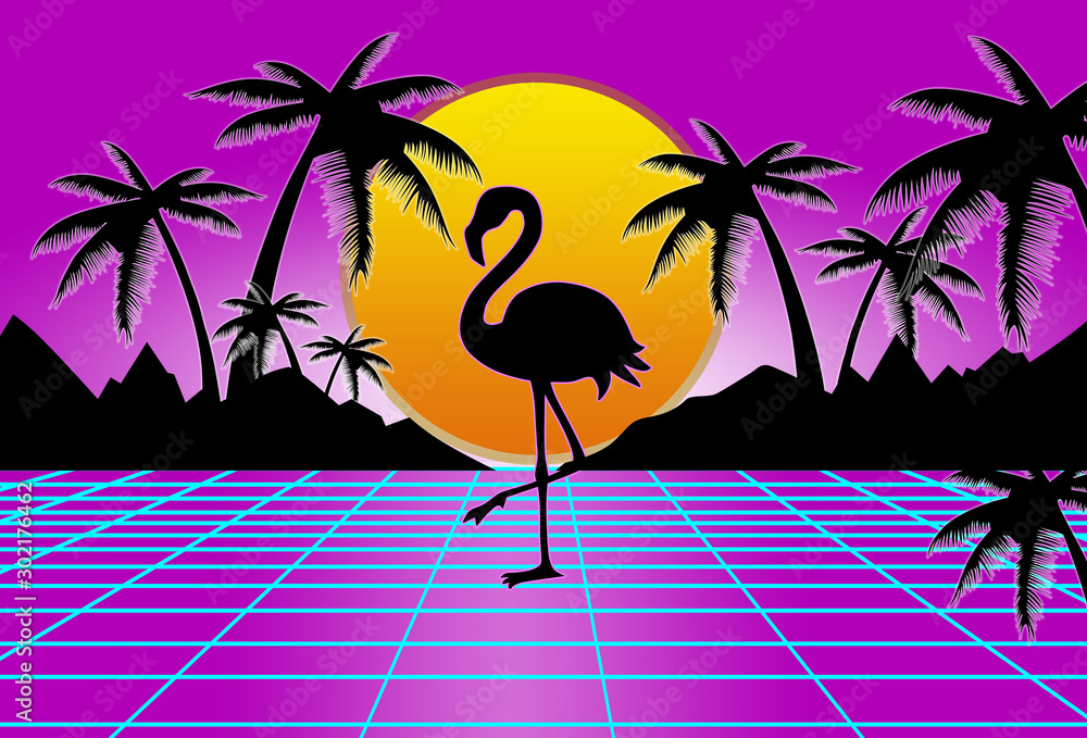 80s style sci-fi, purple background with yellow sunset behind black