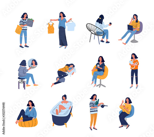 Set of beautiful girl in daily life scenes. Young woman shopping, makes up, sleeping, relaxes, takes bath, chooses clothes, playing with cat, working, watering flower. Flat cartoon vector