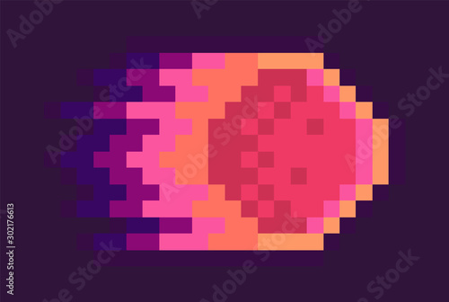 Meteor vector, isolated icon of falling asteroid in fire, pixelated graphics of element of 8 or 16 bit game, pixel art celestial body destruction