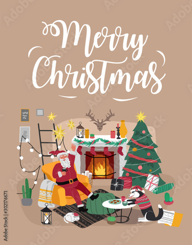 Card with Christmas home decorations with Santa Claus and pets. Scandinavian interior with cute cat and dog dressed in costumes. Illustration and New year typography in Hygge