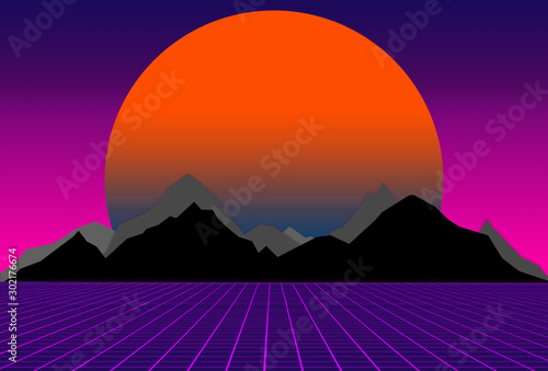 80s style sci-fi  purple background with sunset behind black and gray mountains. futuristic illustration or poster template. Synthwave banner.