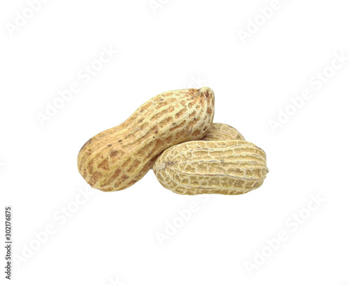 Closeup peanuts with texture isolated on white background. Dried peanuts for snack in closeup photo