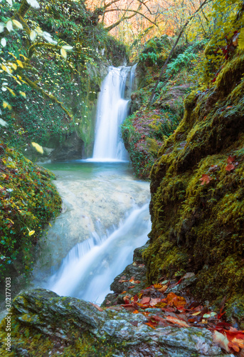 Monte Tancia  Rieti  Italy  - The suggestive waterfalls of torrent Galantina in the Appennini mountains  named Pozze del Diavolo  during the autumn with foliage