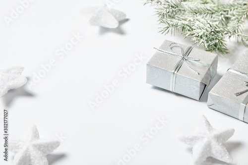 Christmas decorations on white background with copy space.