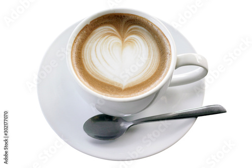 Coffee in a white mug decorated with milk foam in a heart shape And separated on a white background with clipping path.
