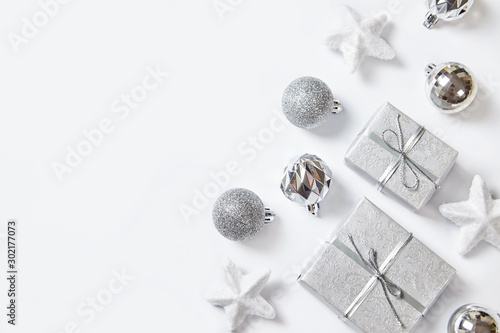 Christmas decorations on white background, top view.