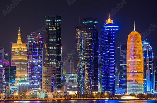 The skyline of the modern and high-rising city of Doha in Qatar, Middle East. - Doha's Corniche in West Bay, Doha, Qatar