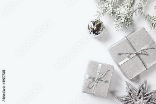 Christmas presents and decorations on white background