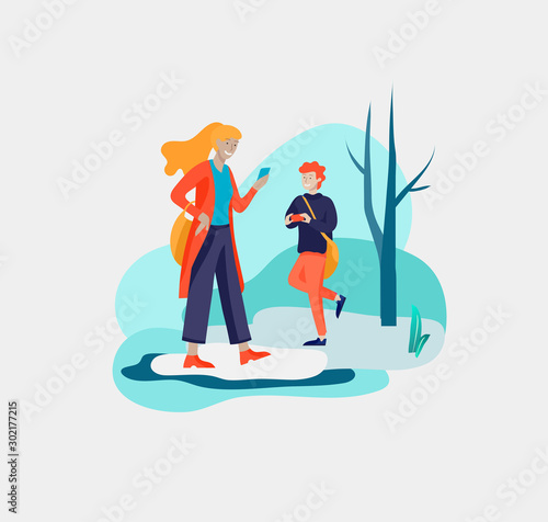 Various stylish people character go on street under umbrellas in warm clothes. Autumn rainy weather. Colored trendy cartoon