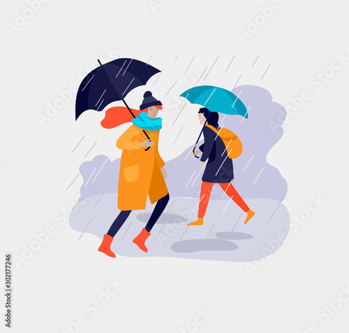 Various stylish people character go on street under umbrellas in warm clothes. Autumn rainy weather. Colored trendy cartoon