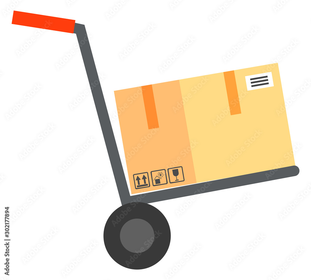 Shipping of order vector, isolated trolley with wheels and box with emblems. Fragile cargo delivery of object, packaging container on cart with handle illustration in flat style design for web, print Shipping of order vector, isolated trolley with wheels and box with emblems. Fragile cargo delivery of object, packaging container on cart with handle illustration in flat style design for web, print