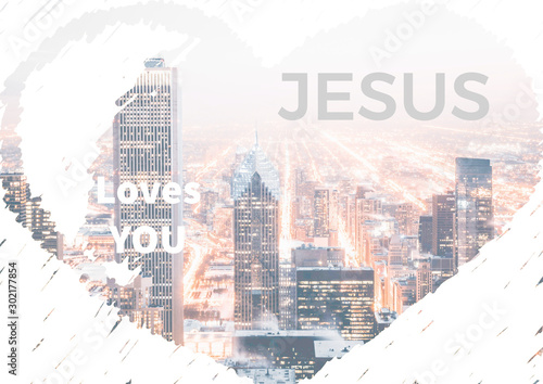 illustration of a drawn heart with text message, 'Jesus loves you', in Montserrat meduim and Source Sans Pro black fonts, on a reference image of Helsinki city, Finland by Burst at Pexels.com. photo