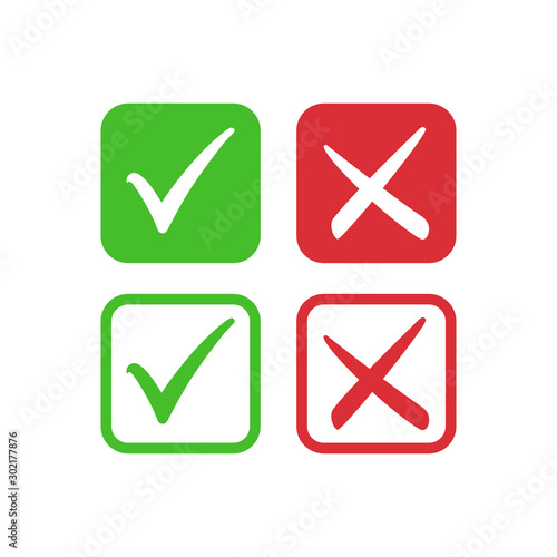 Tick symbol set in red and green circle, checkmark in checkbox vector icons. Yes and no, right and wrong tick check mark with square check box symbols.