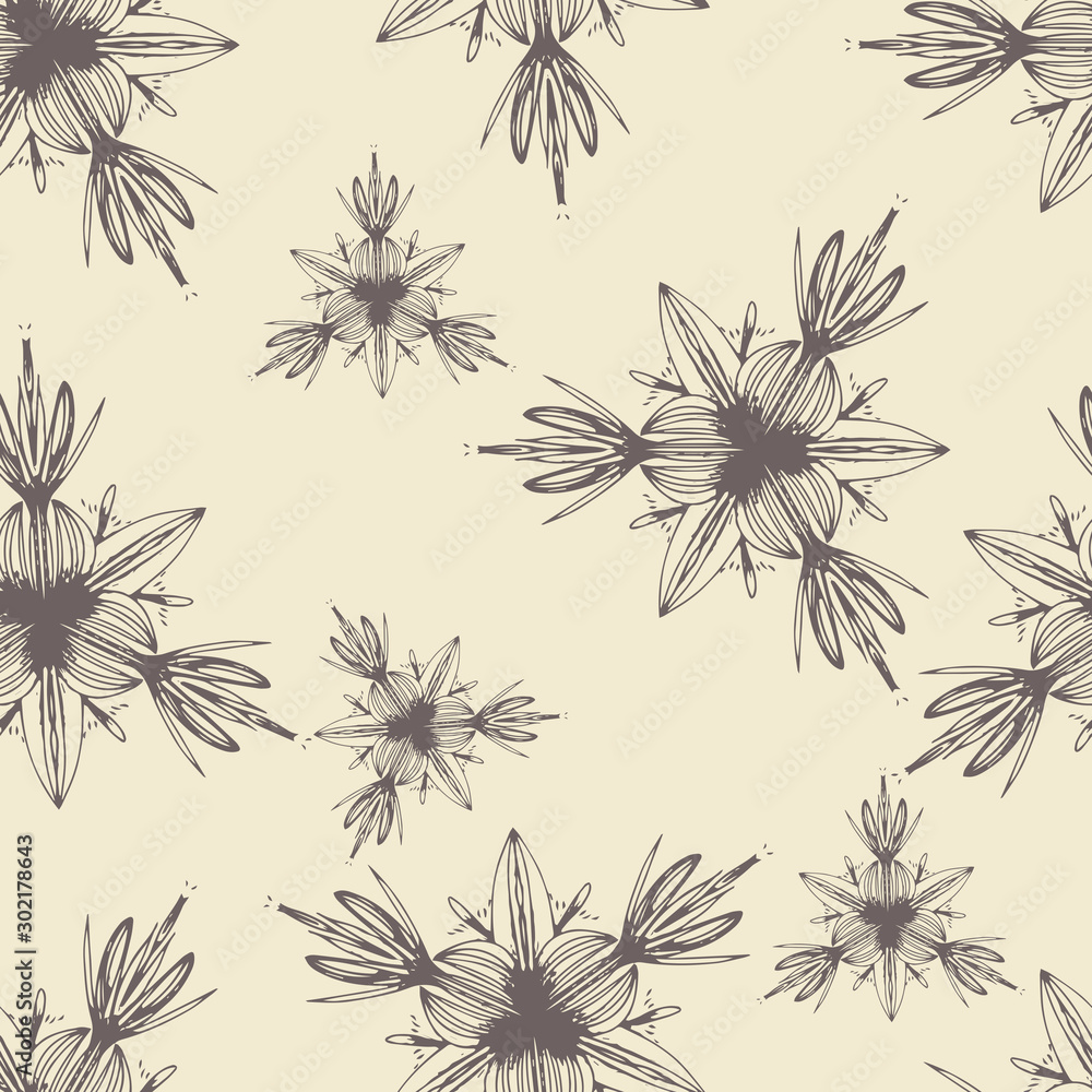 Pale, seamless pattern. Picture of flower, stars or snowflakes. Cartoon vector
