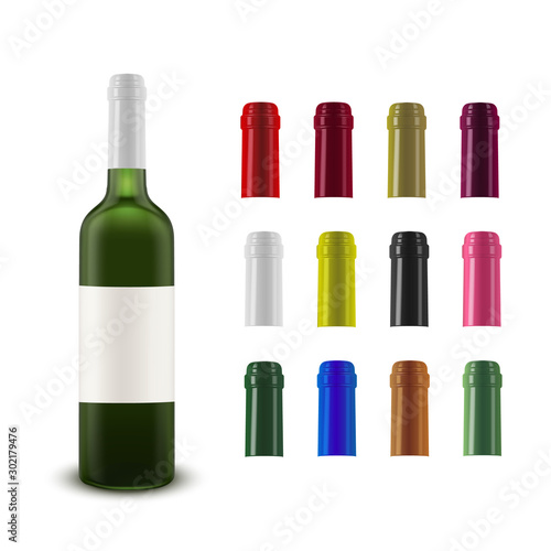 Realistic vector layout of a wine bottle and a wine collection of plastic bottle caps of different colors.