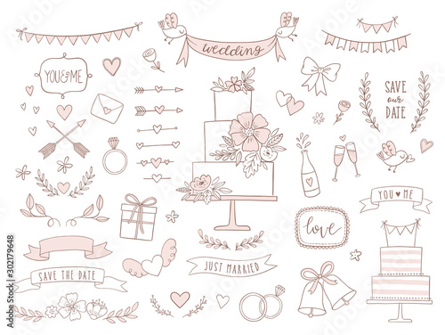 Set of wedding illustrations and icons. Hand drawn vector collection of design elements for for invitations, greeting cards, posters.