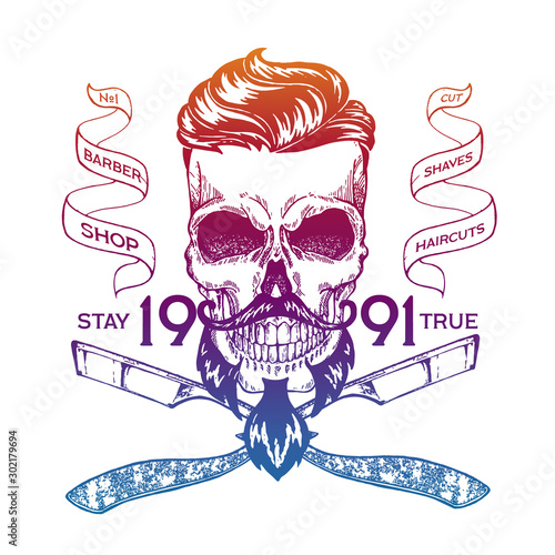 Vector illustration. Vintage, hipster skull barber shop logo in old, neon style.