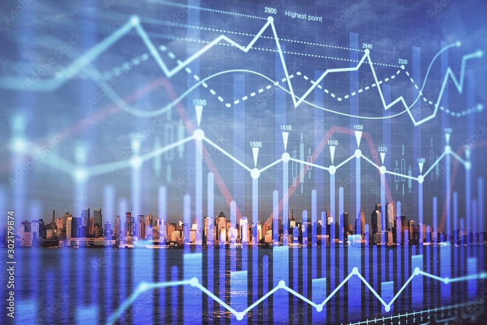 Forex chart on cityscape with skyscrapers wallpaper double exposure. Financial research concept. Forex chart on cityscape with skyscrapers wallpaper double exposure. Financial research concept.