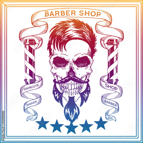 Vector illustration. Vintage, hipster skull barber shop logo in old, neon style.