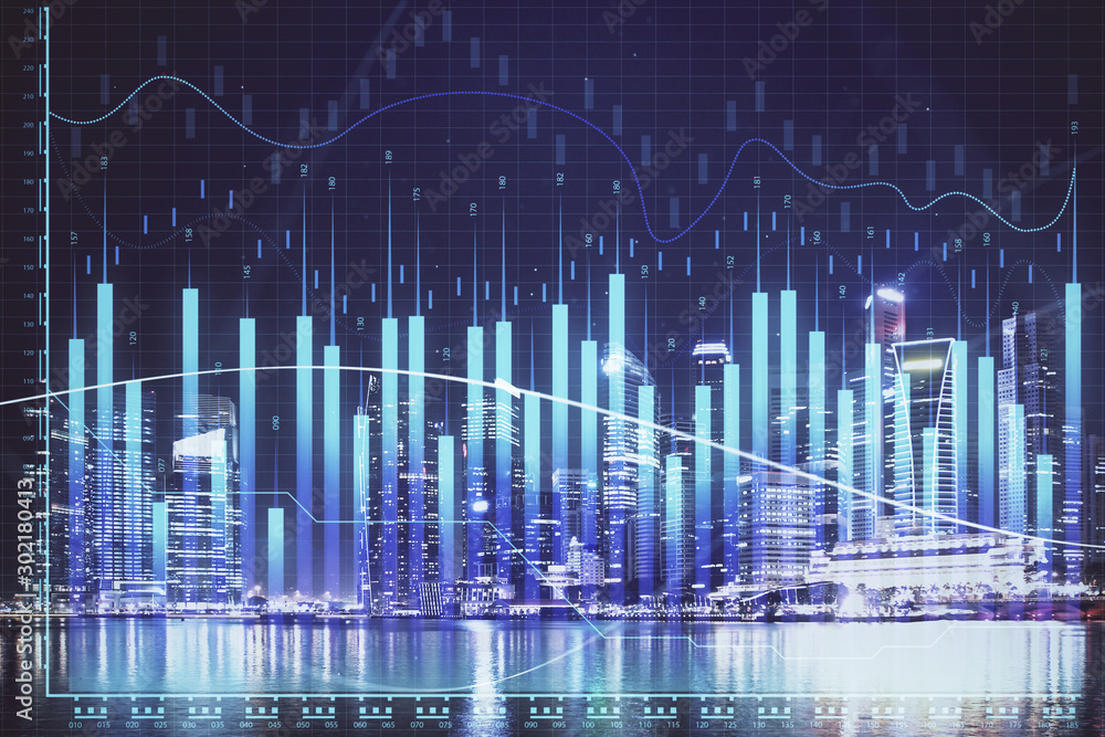 Financial chart on city scape with tall buildings background multi exposure. Analysis concept.