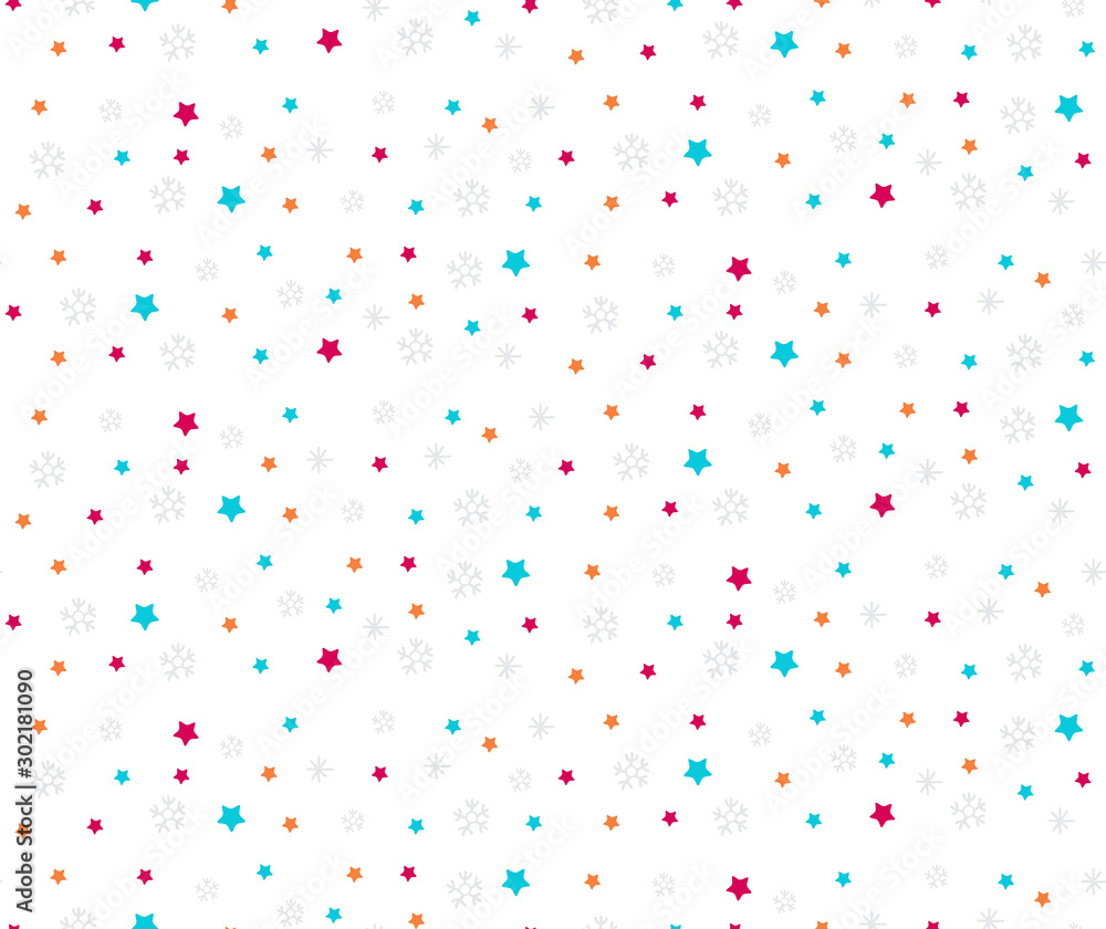 Seamless children's pattern of snowflakes and stars. Cute holiday background in vector on white background. Christmas a background. Festival pattern with color confetti.