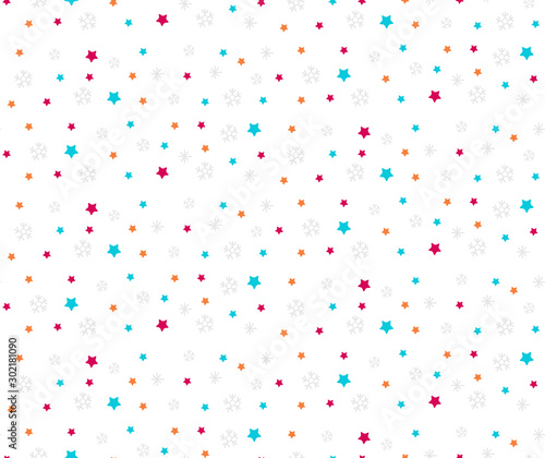 Fototapeta Naklejka Na Ścianę i Meble -  Seamless children's pattern of snowflakes and stars. Cute holiday background in vector on white background. Christmas a background. Festival pattern with color confetti.