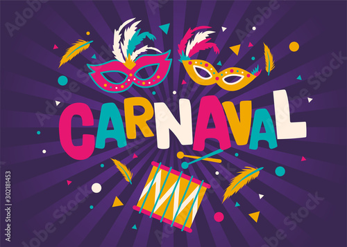 Carnival card or banner with typography design, confetti and hanging flag garlands.