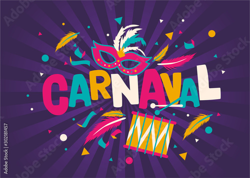 Carnival card or banner with typography design, confetti and hanging flag garlands.