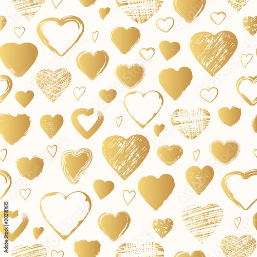 Hand drawn brush, scribble, chalk, grunge golden hearts seamless pattern. Vector isolated gold romantic background for wrapping paper.