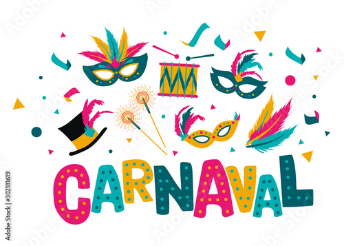 Carnival card or banner with typography design, confetti and hanging flag garlands.