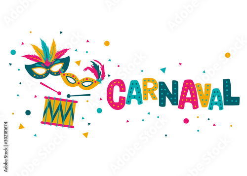 Carnival card or banner with typography design, confetti and hanging flag garlands.