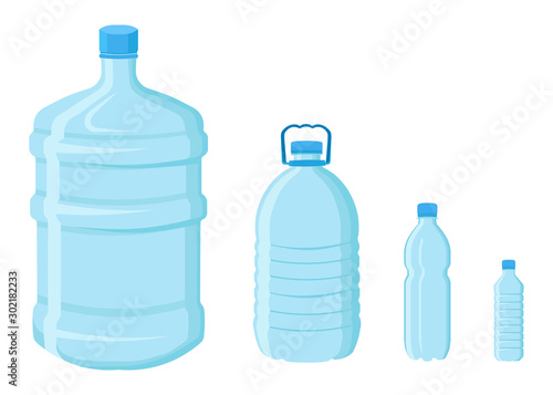 Flat vector set of empty plastic bottles in different shapes.