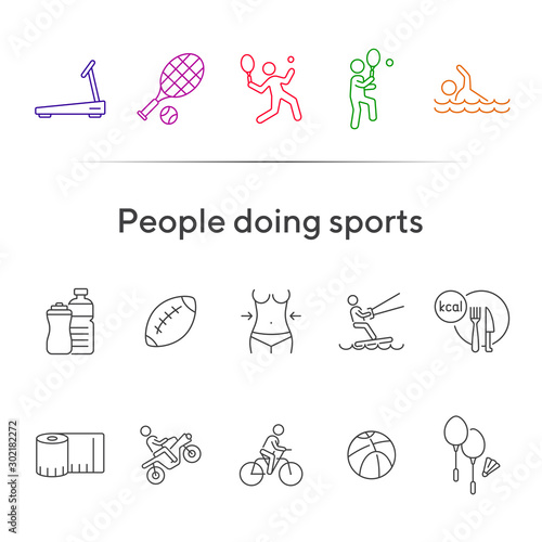 People doing sports line icon set