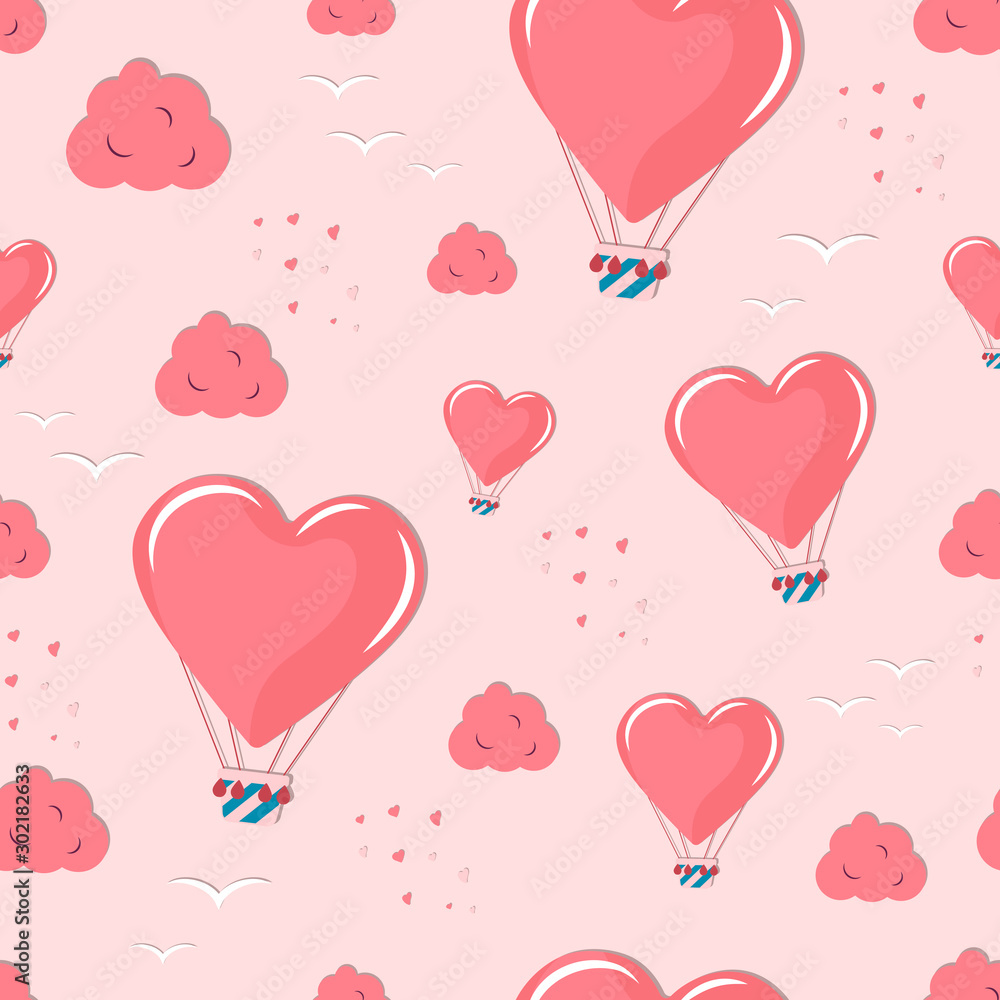 Valentines day seamless pattern with love air balloons and clouds. Romantic background with hearts.