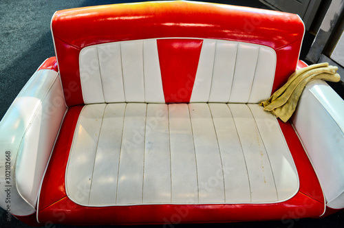 Custom vintage red couch in a room