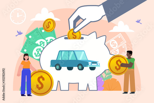 Save money for new car concept. Man and woman stand near big piggy bank with car inside. Poster for social media, web page, banner, presentation. Flat design vector illustration