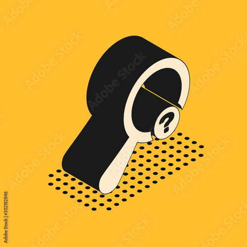 Isometric Unknown search icon isolated on yellow background. Magnifying glass and question mark. Vector Illustration