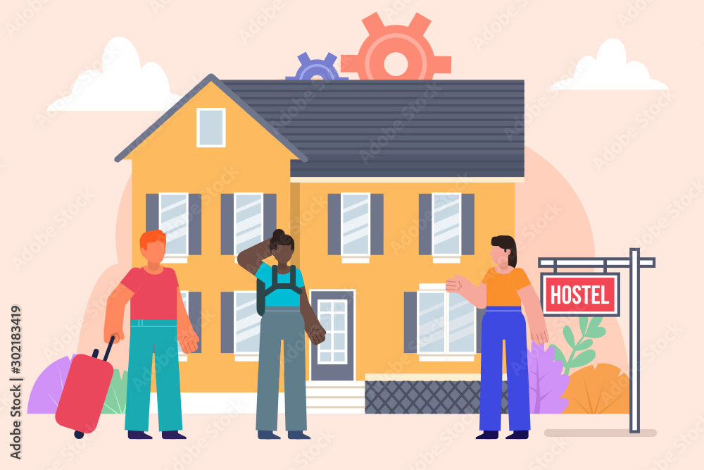 Apartment rent, hostel concept. Group of tourists stand in front of hostel. Poster for social media, web page, banner, presentation. Flat design vector illustration